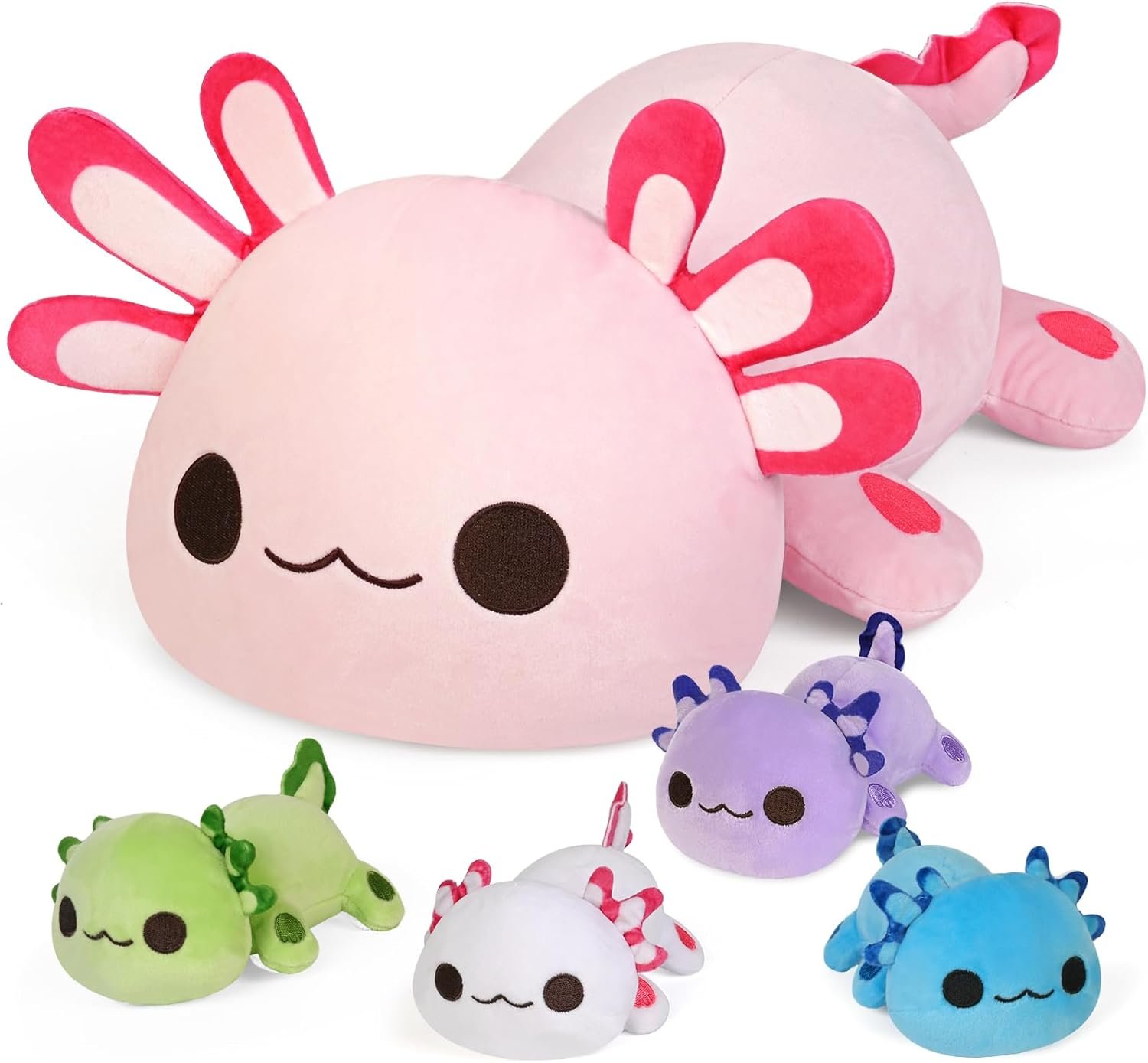 An assortment of colorful Axolotl Toys, including plush figures and educational games, displayed on a bright, playful background. The toys showcase various designs inspired by the charming axolotl, inviting children to engage in imaginative play.