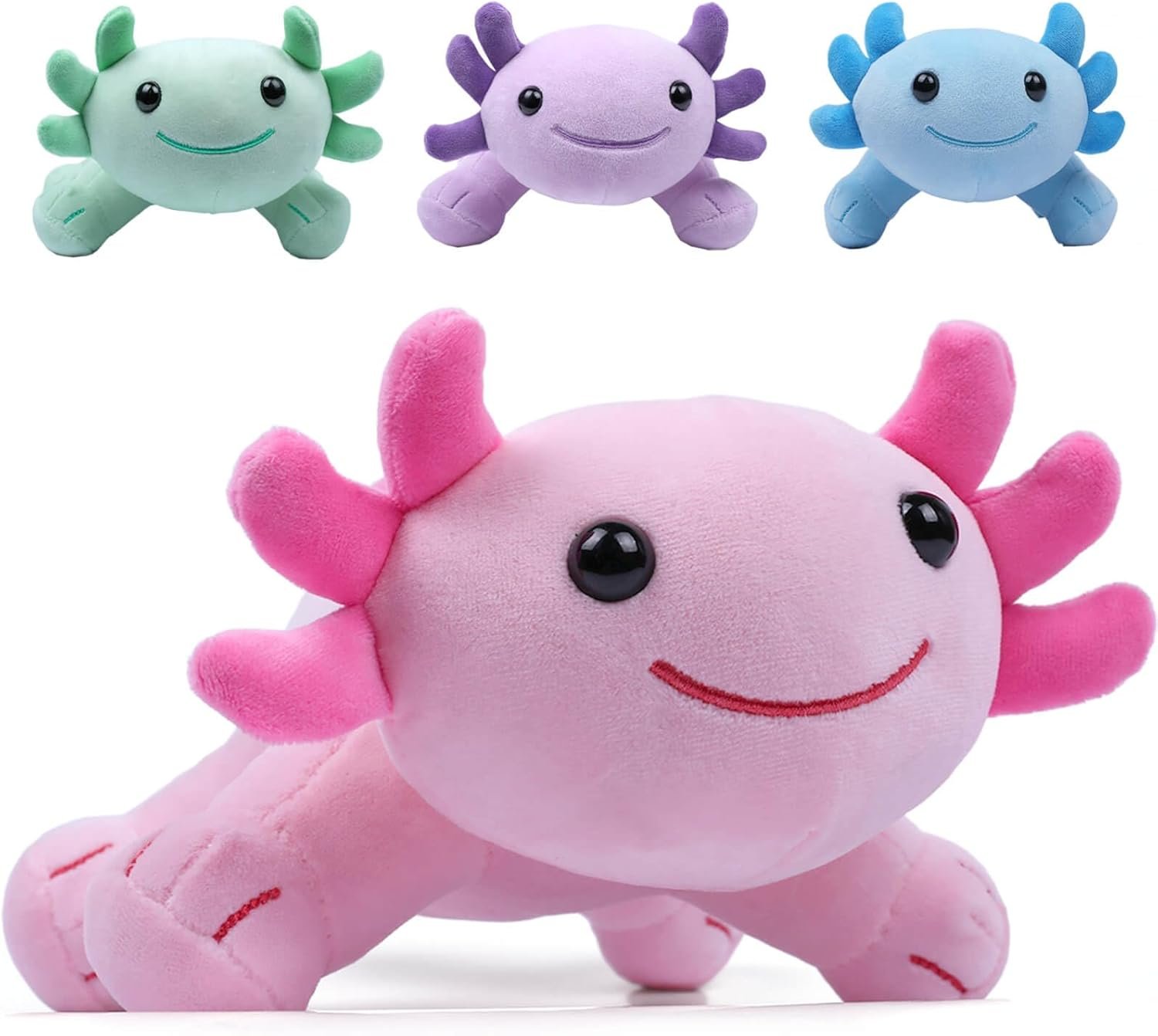 A collection of colorful Axolotl Toys displayed on a bright background, showcasing various plush figures, educational games, and imaginative playsets designed for children.