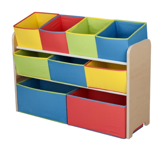 A colorful toy box filled with a variety of toys, including plush animals, building blocks, and games, set in a cheerful playroom environment.