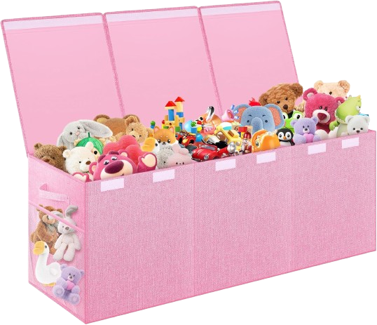 A colorful toy box filled with a variety of playful toys, including plush animals, building blocks, and educational games, set in a bright and cheerful room.