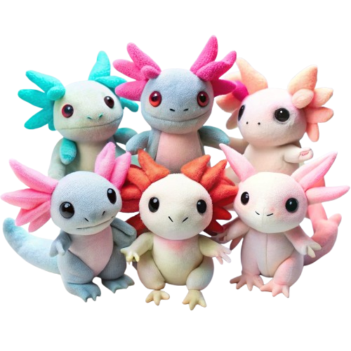 An assortment of colorful Axolotl Toys, including plush figures and playful games, arranged on a bright, inviting background, showcasing the fun and creativity they bring to children's playtime.