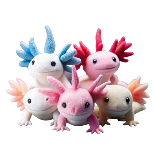 A colorful assortment of Axolotl Toys, featuring plush figures and engaging games, arranged playfully on a bright surface. Each toy showcases the unique charm of the axolotl, inviting creativity and imaginative play.